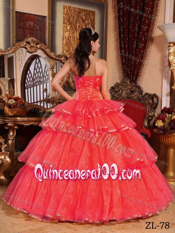 Coral Red Layered Organza Floor-length Quinceanera Gown Dresses