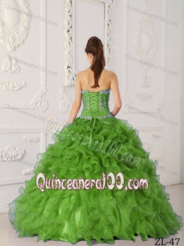 Spring Green Ruffled Organza Appliques Quinceanera Gown Dresses