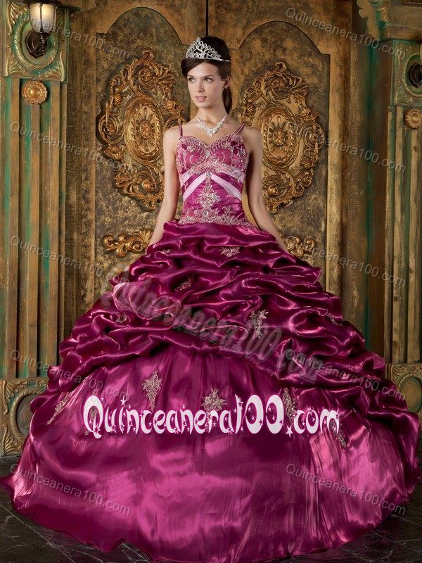 Fuchsia Spaghetti Straps Taffeta Pick-ups Quinceanera Dresses