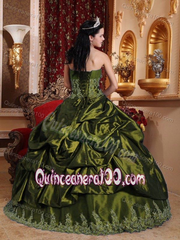 Olive Green Taffeta Appliques Quinceanera Dresses with Pick-ups