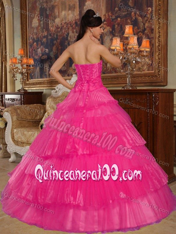 Hot Pink Layered Organza Quinceanera Dress with Black Appliques