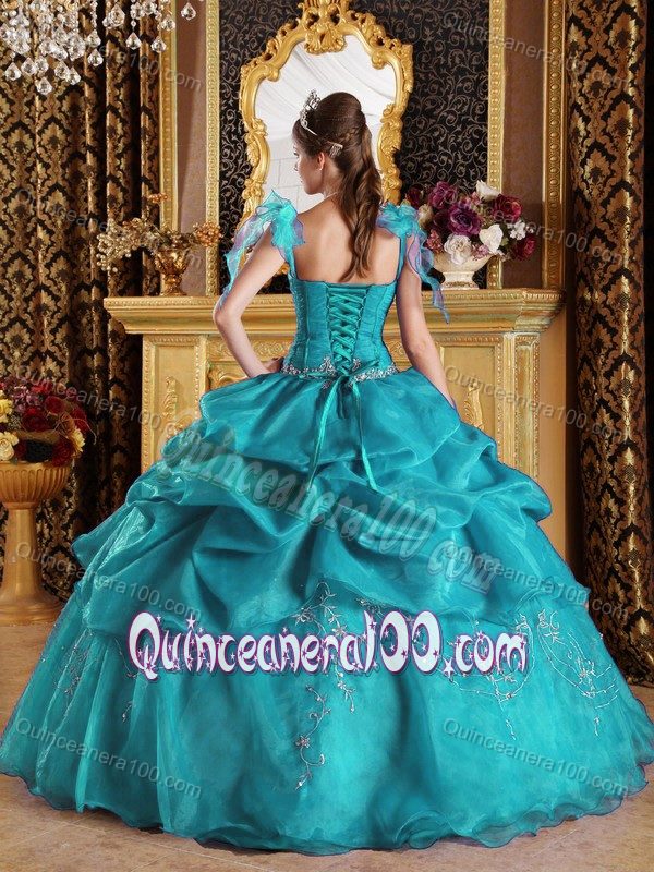 Teal Spaghetti Straps Oraganza Pick-ups Quinceaneras Dress