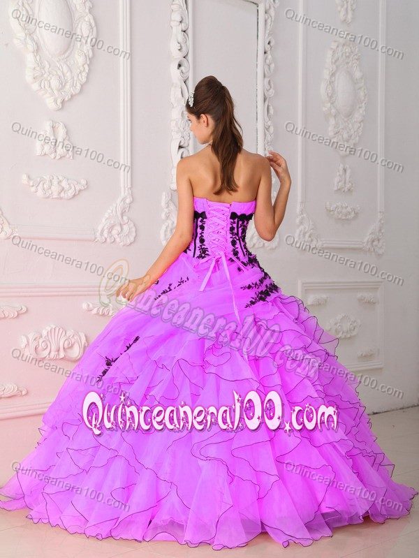 Strapless Ruffled Organza Quinceanera Dress with Black Appliques