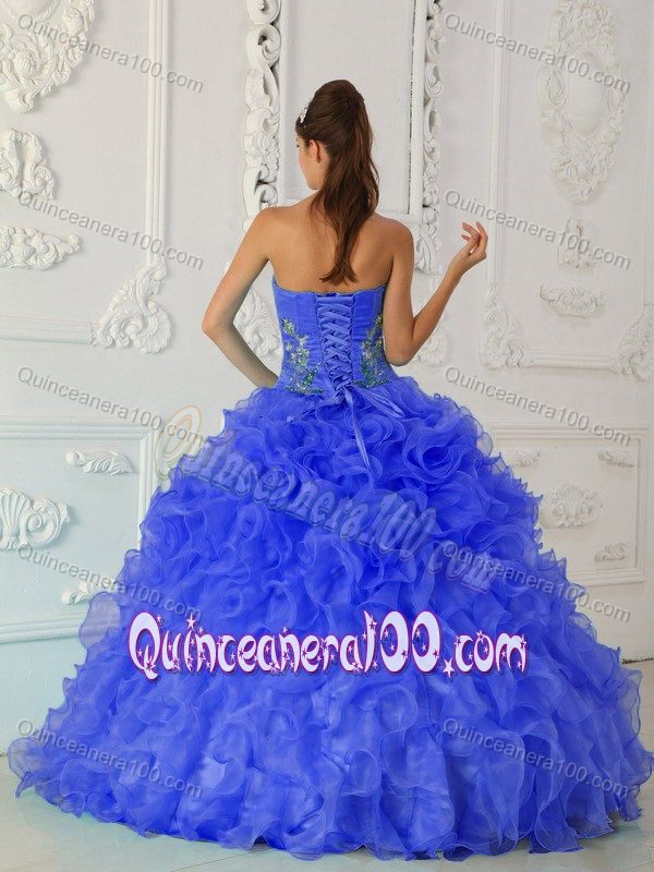 Blue Organza Quinceanera Gown Dresses with Ruffles and Embroidery