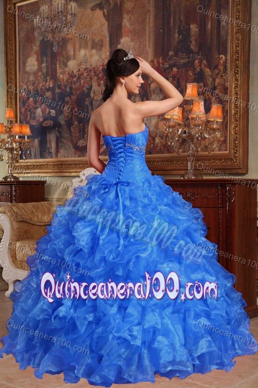 Blue Sweetheart Organza Quinceanera Gown Dresses with Ruffles