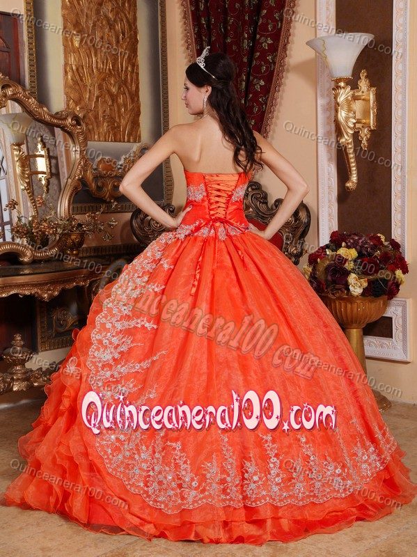 Orange Red Strapless Floor-length Beaded Organza Dress for Quinceaneras