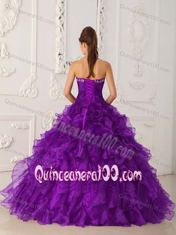 Purple Strapless Organza Quinceanera Gown Dresses with Ruffles