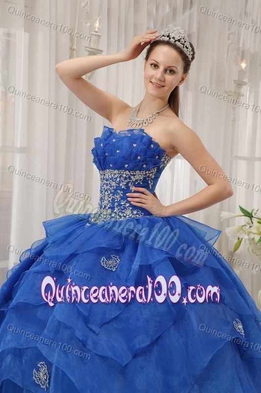 Blue Floor-length Beaded Organza Quinceanera Dress with Appliques