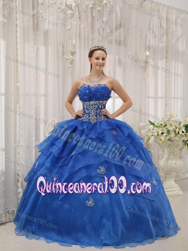 Blue Floor-length Beaded Organza Quinceanera Dress with Appliques