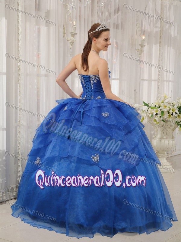 Blue Floor-length Beaded Organza Quinceanera Dress with Appliques