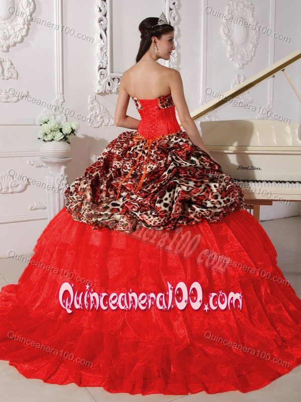 Red Sweetheart Leopard and Organza Dress for Quince with Train