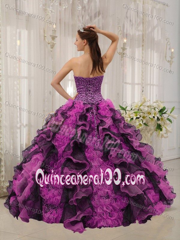 Multi-color Organza Dress for Quince with Leopard and Ruffles