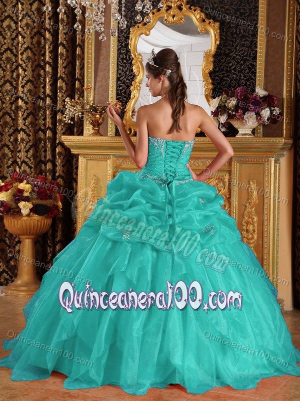 Turquoise Organza Quinceanera Gown Dresses with Pick-ups and Beading