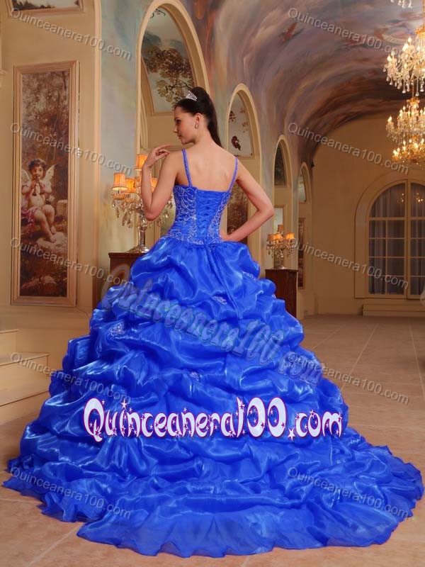 Blue Spaghetti Straps Organza Dress for Quinceaneras with Train