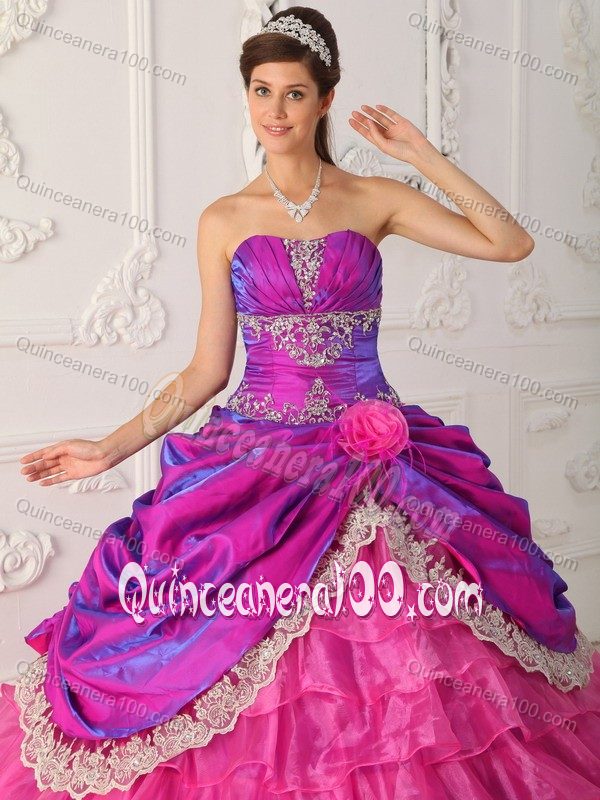 Hot Pink Taffeta and Organza Quince Dress with Lace and Appliques