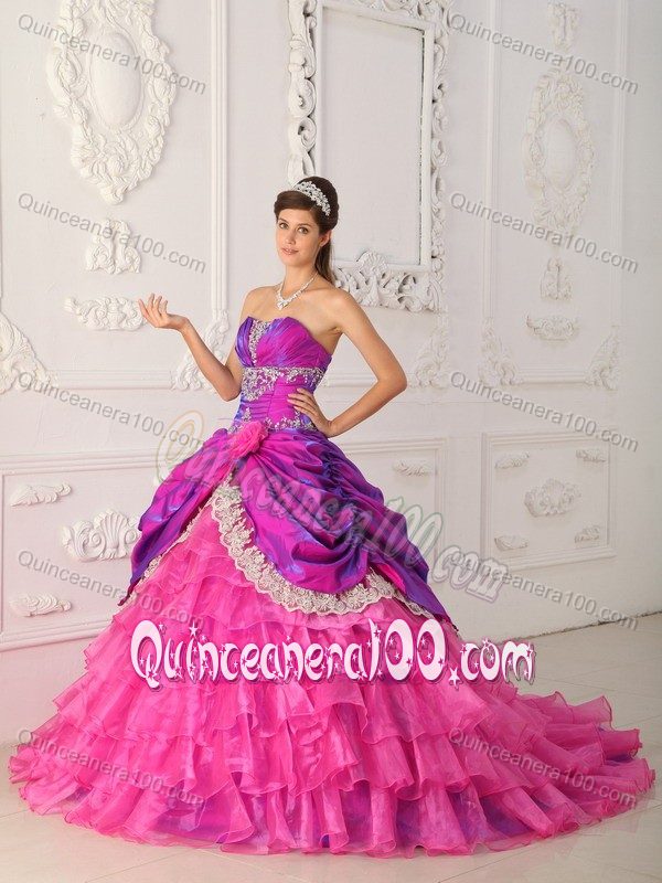 Hot Pink Taffeta and Organza Quince Dress with Lace and Appliques