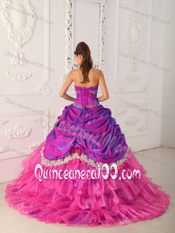 Hot Pink Taffeta and Organza Quince Dress with Lace and Appliques