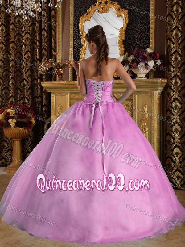 Attractive Rose Pink Beaded Organza Dress for Quinceaneras