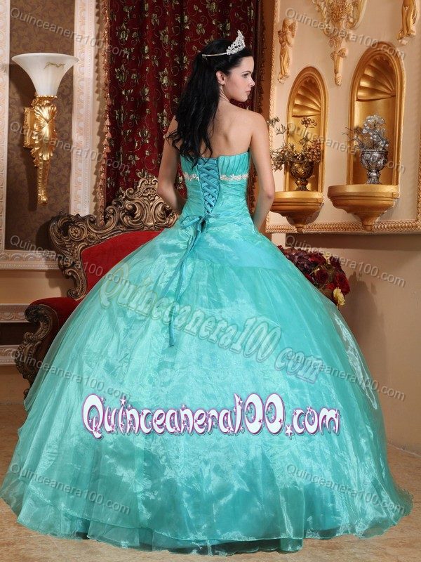 Turquoise Floor-length Organza Quinceanera Dress with Appliques