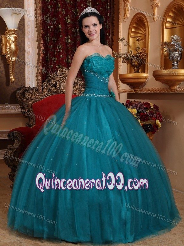 Teal Sweetheart Beaded Tulle Quinceanera Dress with Flower