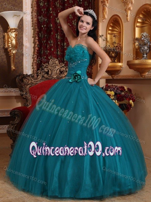 Teal Sweetheart Beaded Tulle Quinceanera Dress with Flower