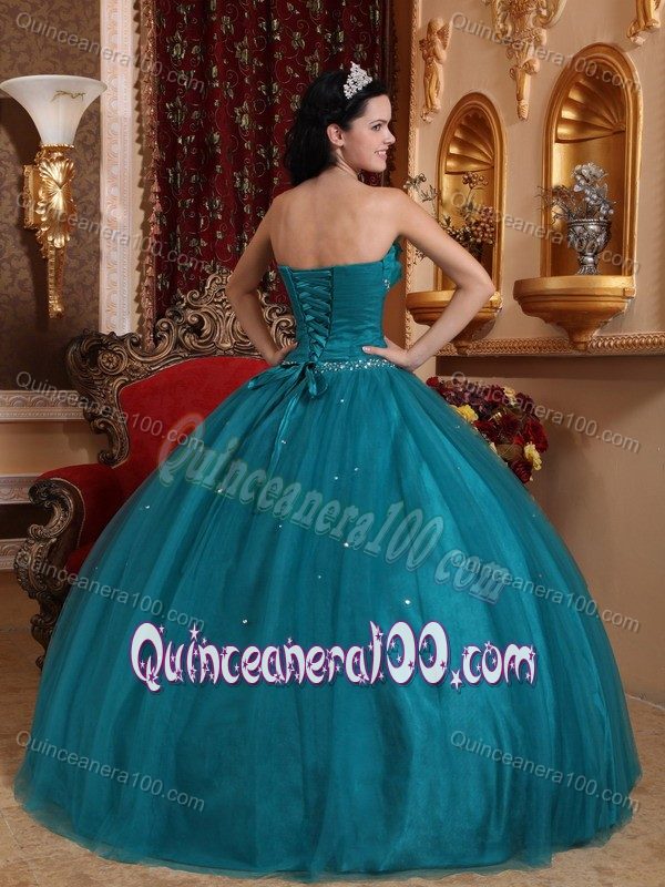 Teal Sweetheart Beaded Tulle Quinceanera Dress with Flower