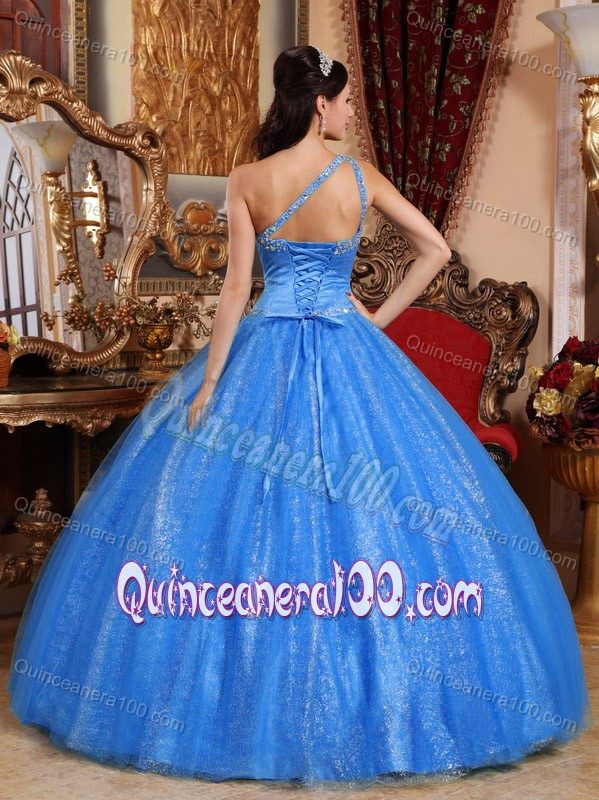 Blue One Shoulder Tulle Quinceanera Gown Dresses with Beading