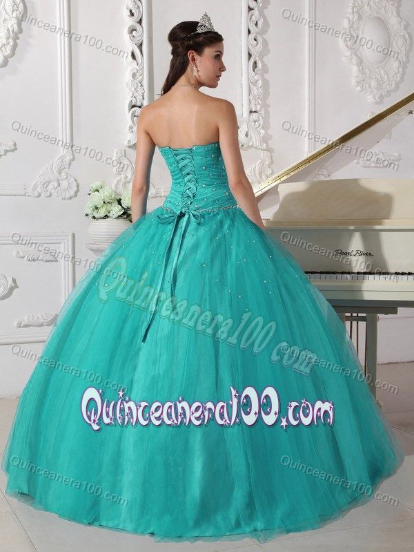 Turquoise Floor-length Beaded Quinceanera Dresses with Ruches