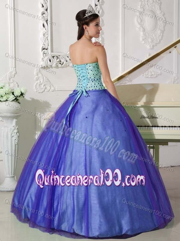 Blue Strapless Floor-length Beaded Tulle Sweet Sixteen Dresses