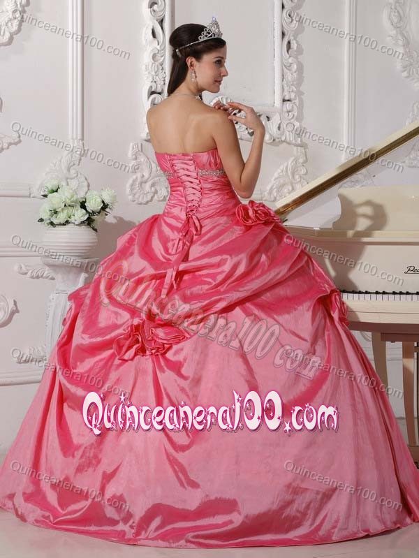 Watermelon Red Sweetheart Beaded Taffeta Quinceanera Dress with Flowers