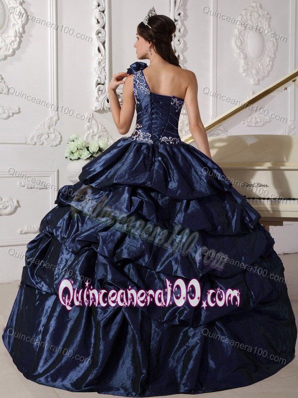 Navy Blue One Shoulder Taffeta Pick-ups Sweet Sixteen Dresses