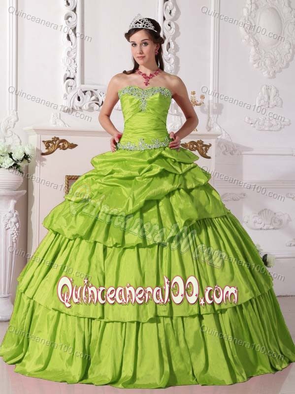 Yellow Green Strapless Layered Organza Quinceanera Gown Dresses