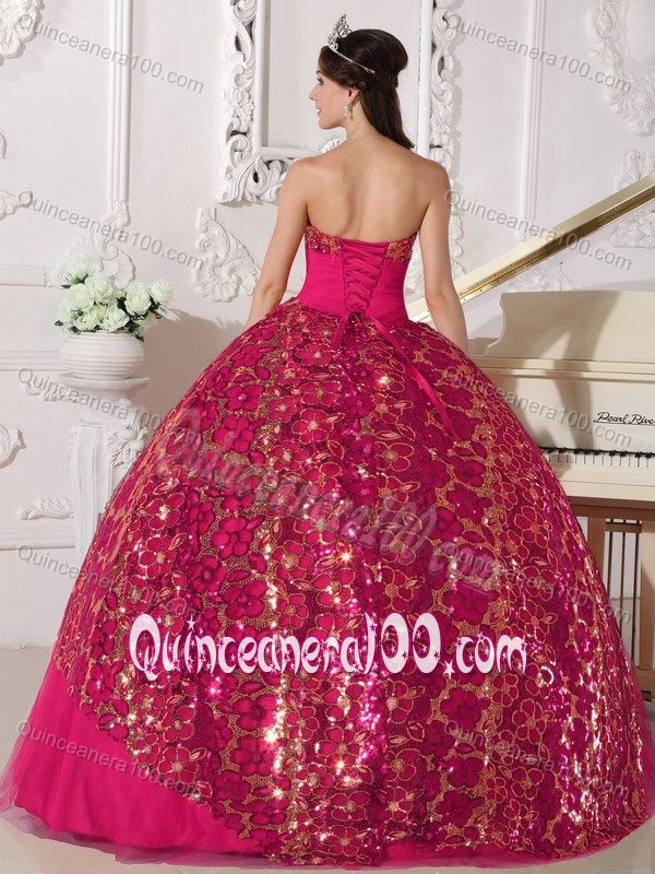 Hot Pink Floor-length Beaded Tulle Quinceanera Dress with Ruches