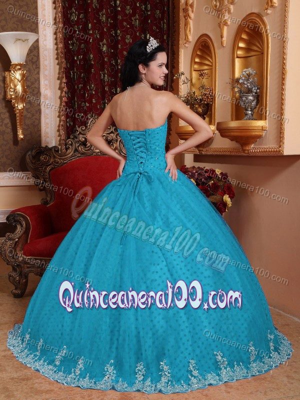 Aqua Blue Tulle Sweet Sixteen Dresses with Appliques and Lace