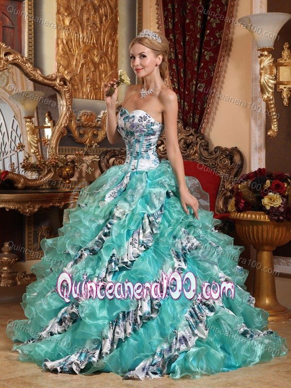 Multi-color Organza Quinceanera Gown Dresses with Print