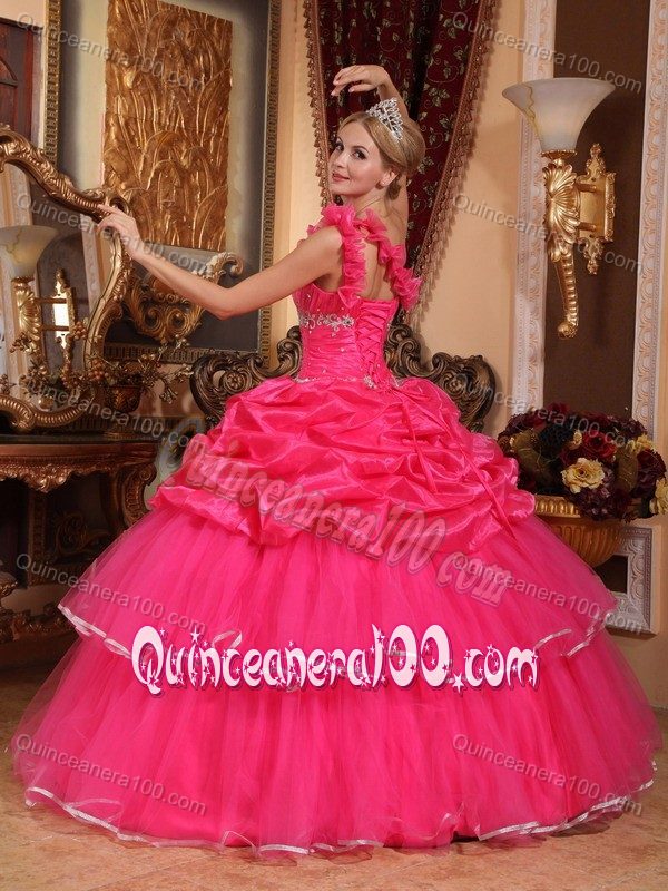 Hot Pink One Shoulder Beaded Organza Quinceanera Dress