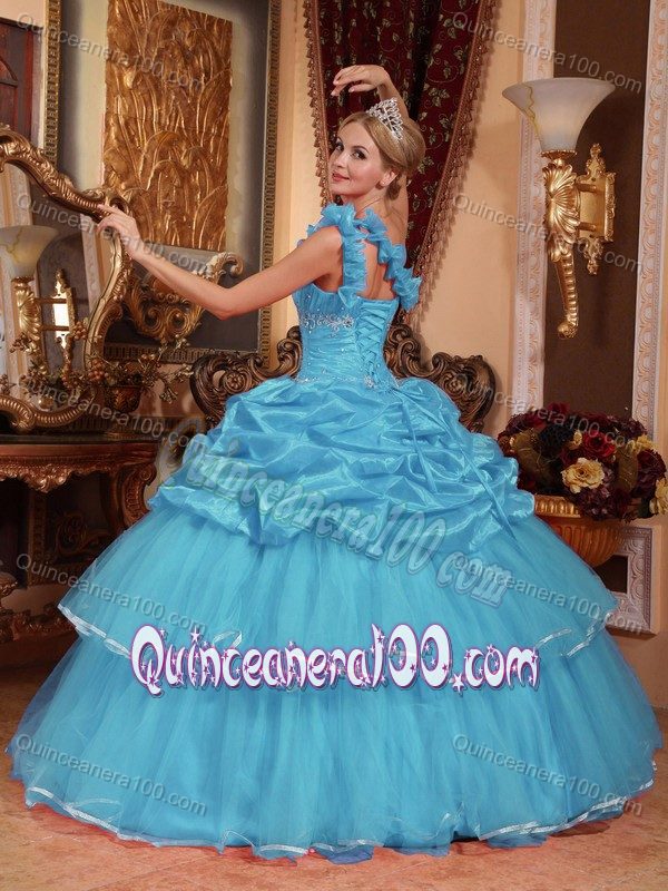 Aqua Blue One Shoulder Organza Pick-ups Sweet Sixteen Dresses