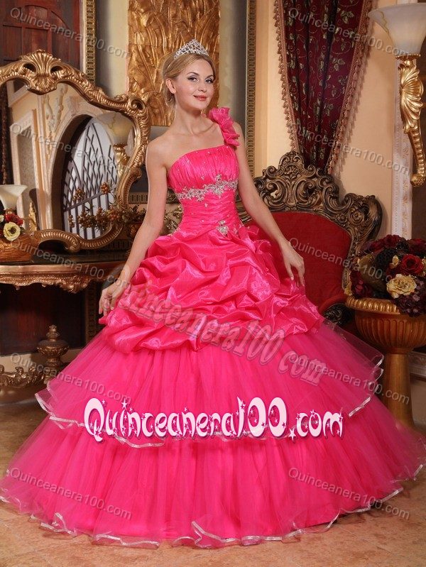 Hot Pink One Shoulder Beaded Organza Quinceanera Dress