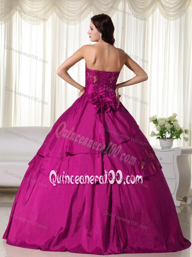 Fuchsia Strapless Taffeta Quinceanera Gown Dresses with Flower