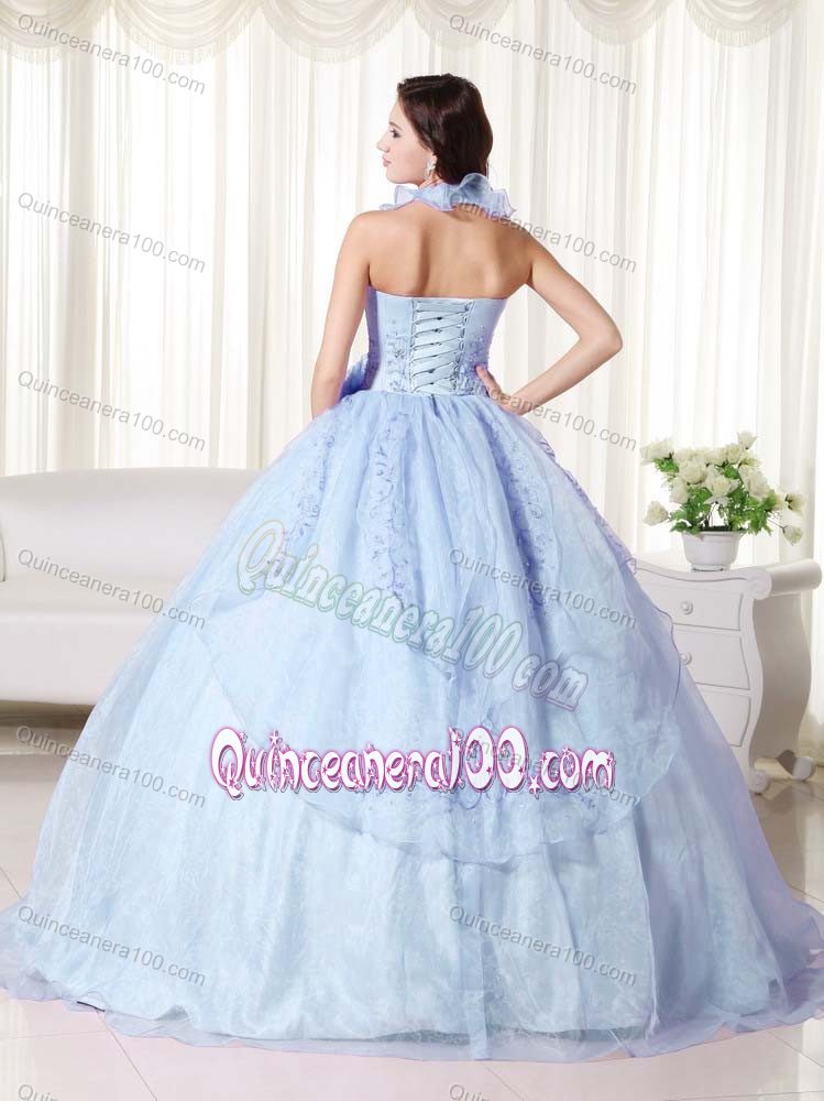 Light Blue Halter Beaded Sweet Sixteen Dresses with Flower