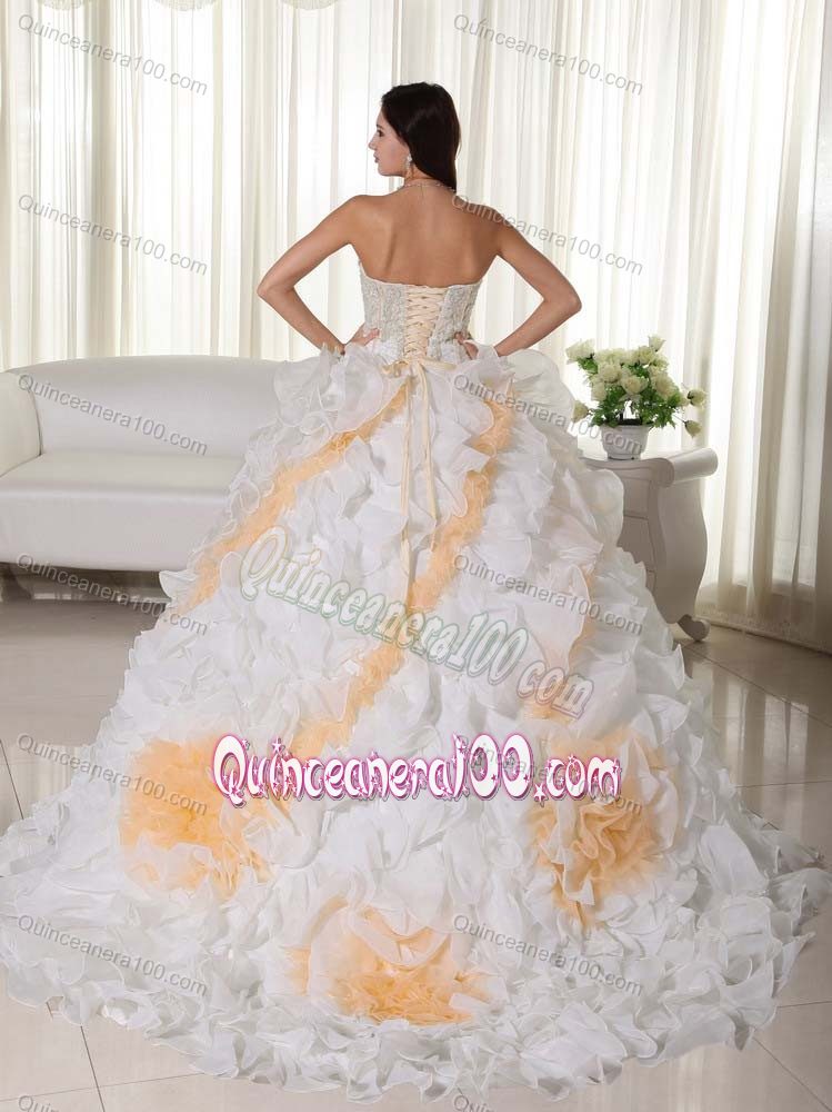 Gorgeous White Ruffled Sweet 15 Dress with Orange Flowers