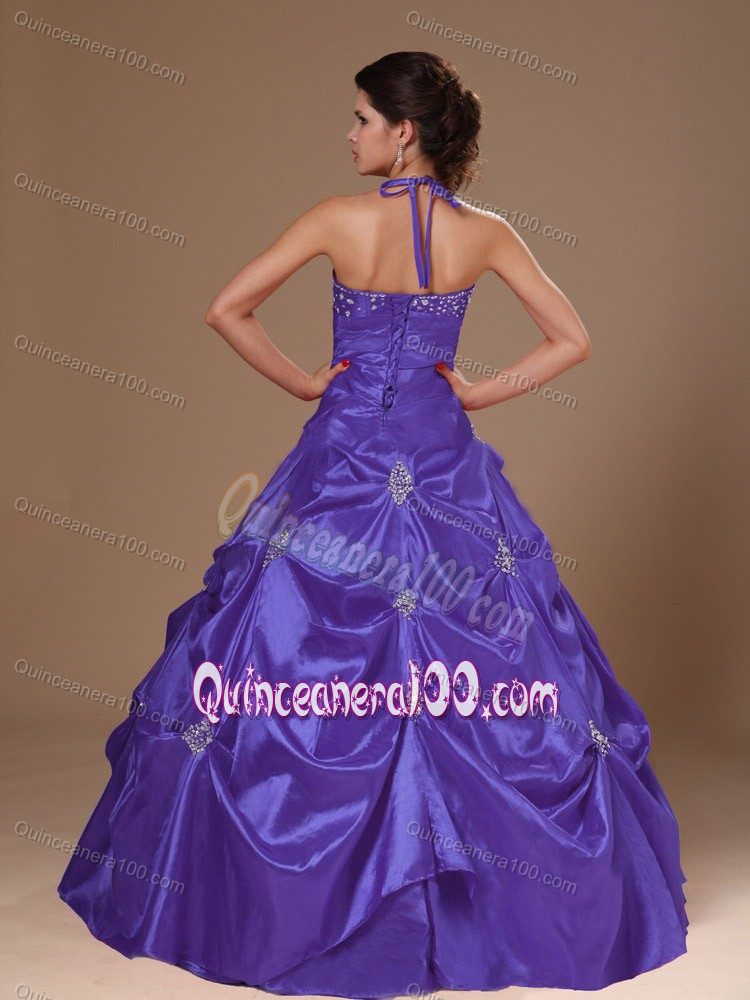 Halter A-Line Beaded Purple Sweet Sixteen Dress with Pick Ups