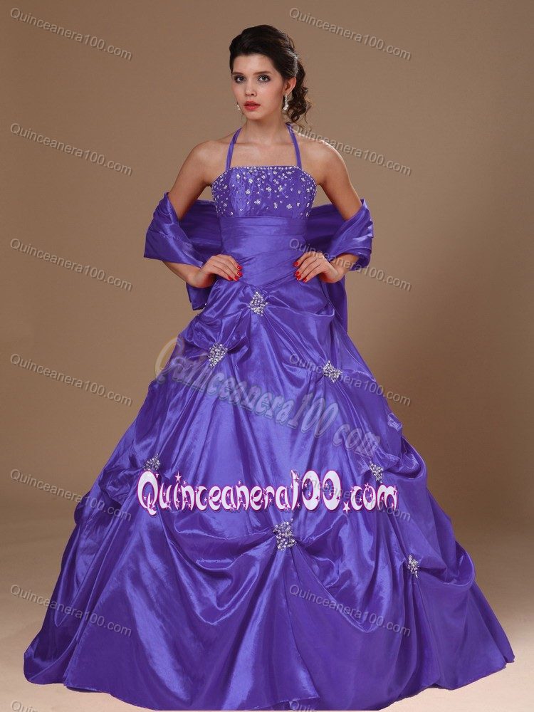 Halter A-Line Beaded Purple Sweet Sixteen Dress with Pick Ups