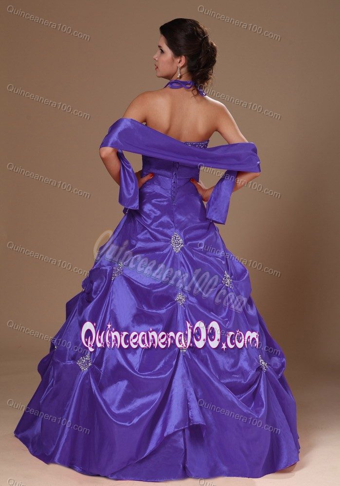 Halter A-Line Beaded Purple Sweet Sixteen Dress with Pick Ups