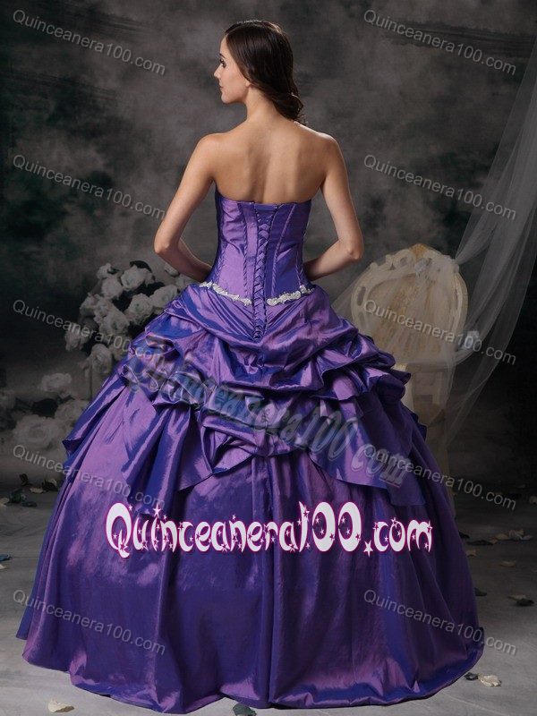 Ball Gown Pick Ups Strapless Appliqued Purple Quinces Dresses