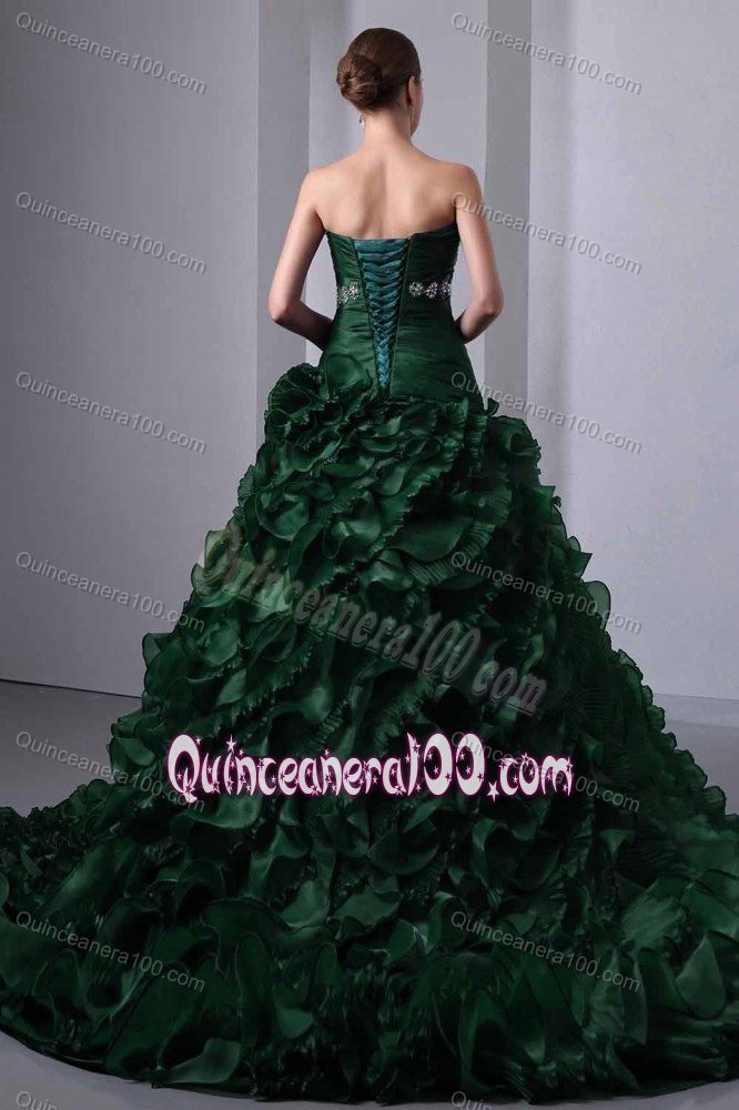 A-line Strapless Appliqued Ruffled Dark Green Dress for Quince