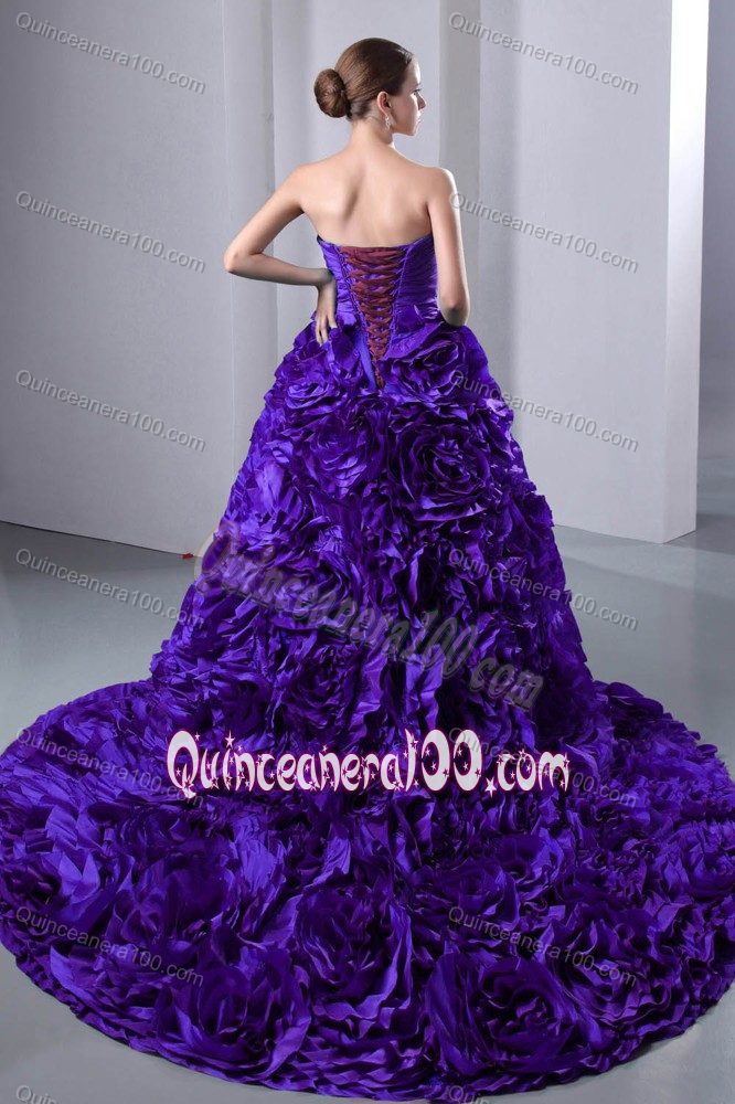 Stunning Brush Train Rolling Flowers Purple Dress for Sweet 16