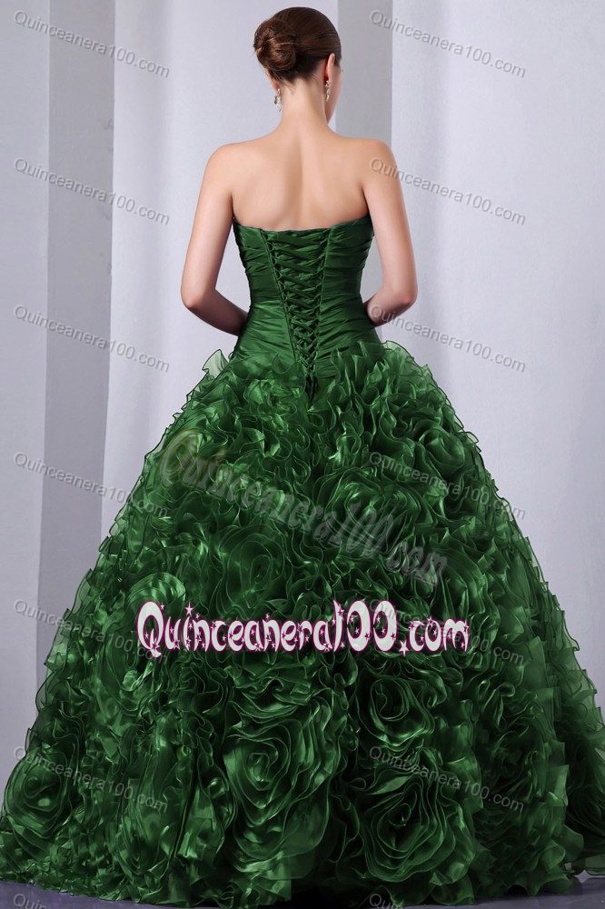 A-line Beaded Dark Green Dress for Quinceaneras with Rolling Flowers