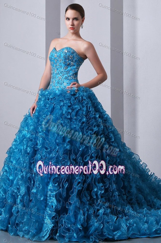 Fast Shipping Rhinestones Ruffled Blue Quinceanera Gown Dress