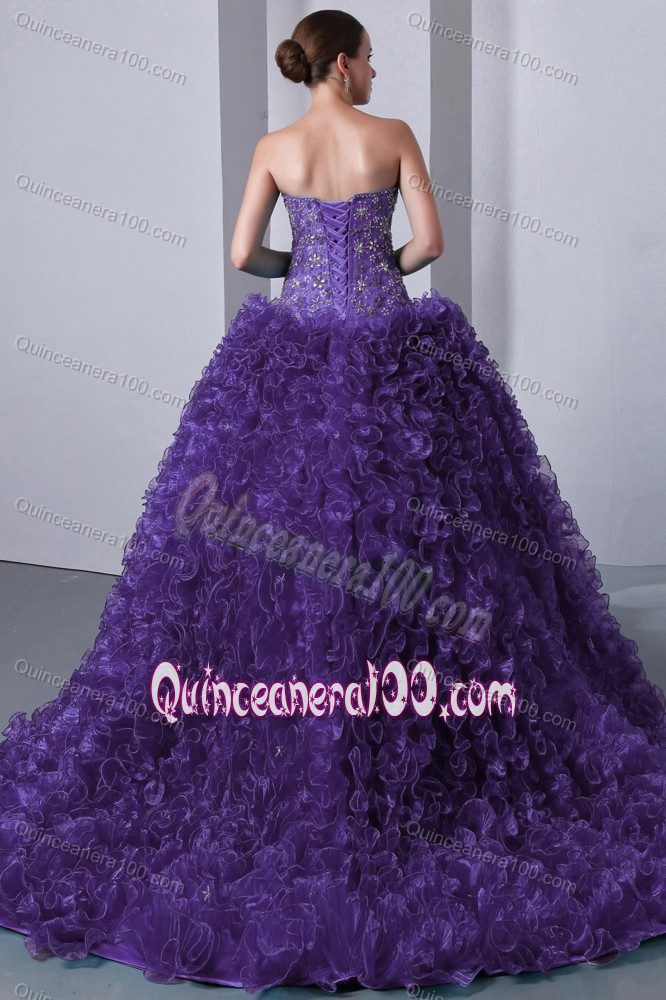 Purple Brush Train Dress for Sweet 15 with Ruffles and Beading